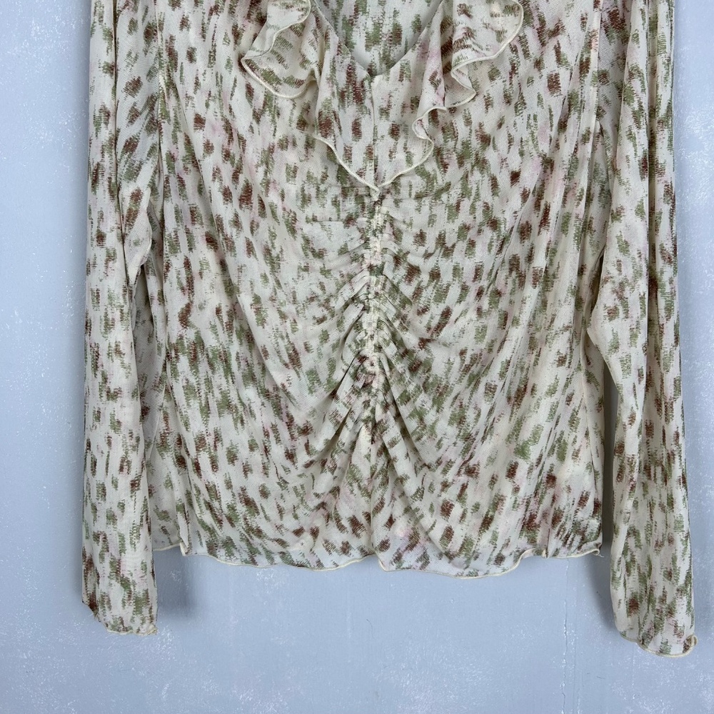 Cabi size XL Dapple top long sleeve ruched ruffle v-neck stretch mesh beige 4532 - Picture 4 of 14